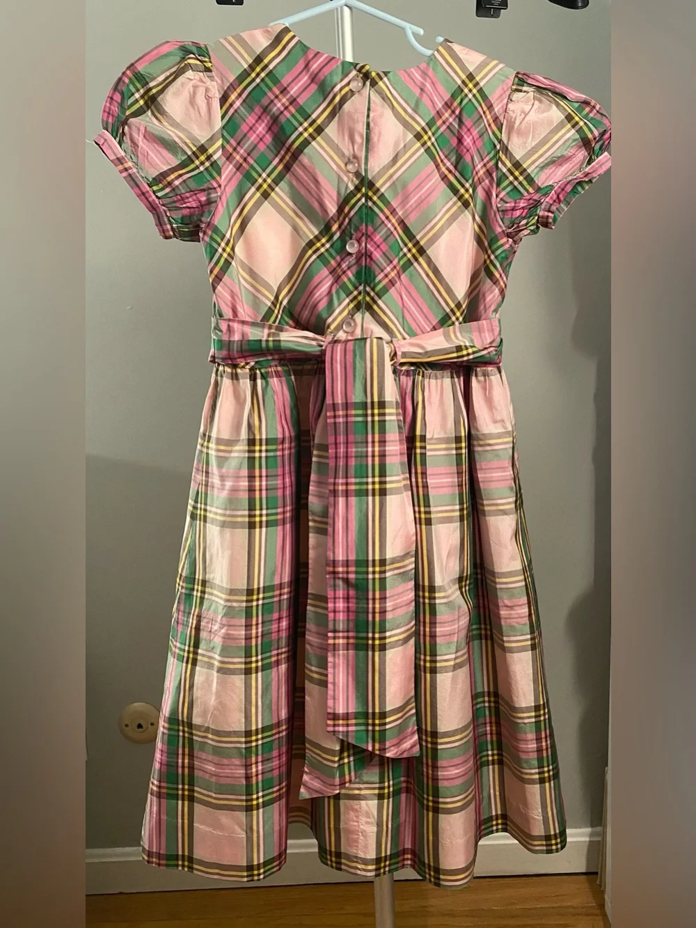 Lands’ End Girls 6X 100% Silk Pink Plaid Puff Sleeve Party Dress EUC